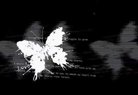 A glitchy, black-and-white digital artwork showing the silhouette of a butterfly filled with faintly visible poetic text, including phrases like 'struggle to grow' and 'thorny rose forest.'