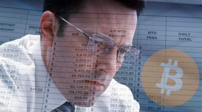 A composite image showing a man wearing glasses overlaid with a spreadsheet of financial data, columns including 'DEPOSIT AMOUNT', 'DISCOUNTS FEE', 'A/R MTD DEPOSIT', and a Bitcoin symbol on the right.