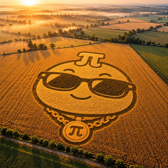 An aerial view of a cornfield at sunrise featuring a massive crop art design of a smiley face wearing sunglasses and a Pi cryptocurrency chain medallion.