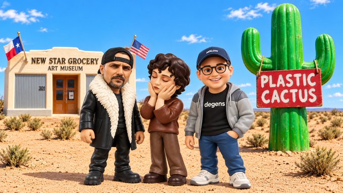 Three stylized cartoon figures stand in a desert landscape next to a building labeled 'NEW STAR GROCERY ART MUSEUM' with Texas and American flags, while one figure wears a shirt reading 'degens' and a large cactus holds a sign reading 'PLASTIC CACTUS'.