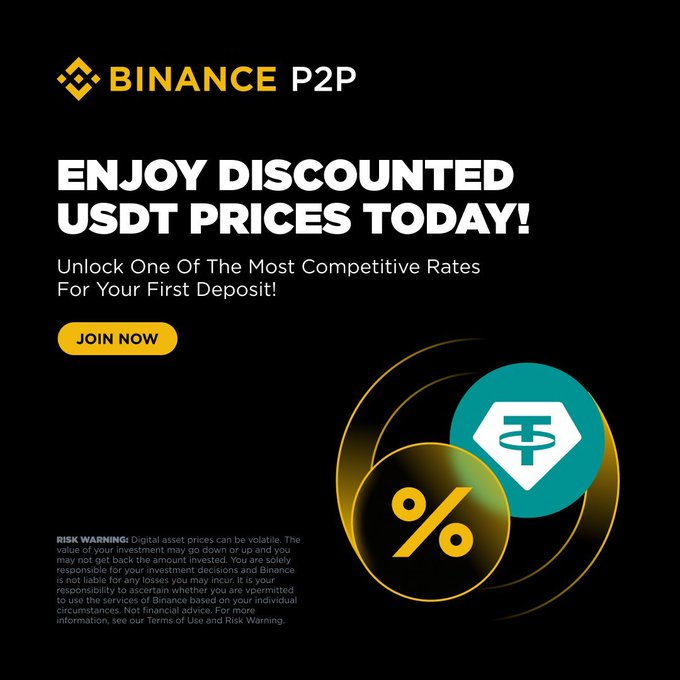 A Binance P2P promotional banner advertising discounted USDT prices for eligible new users making their first deposit, featuring a yellow "JOIN NOW" button alongside USDT and percentage graphics, with a risk warning at the bottom.
