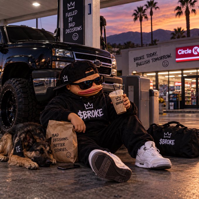 A stylized image featuring a character with a duck-like face wearing a 'BROKE' hoodie and cap, sitting by a truck with a dog at a Circle K.