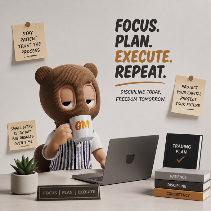 The image features a cartoon bear sitting at a desk with a laptop computer open in front of him. The bear appears to be working or studying, holding a coffee cup while using the laptop. There are several notes attached to the wall behind the bear, which seem to provide information about cryptocurrency and blockchain technology. The text on these notes includes phrases such as "Focus. Plan. Execute. Repeat." This suggests that the bear is engaged in learning or researching about crypto-related topics, possibly for a project or personal interest.