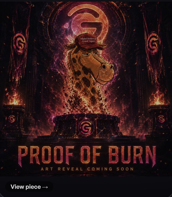 A promotional poster titled 'PROOF OF BURN' featuring a giraffe wearing a 'Make America Great Again' hat emerging from flames, with 'ART REVEAL COMING SOON' below.
