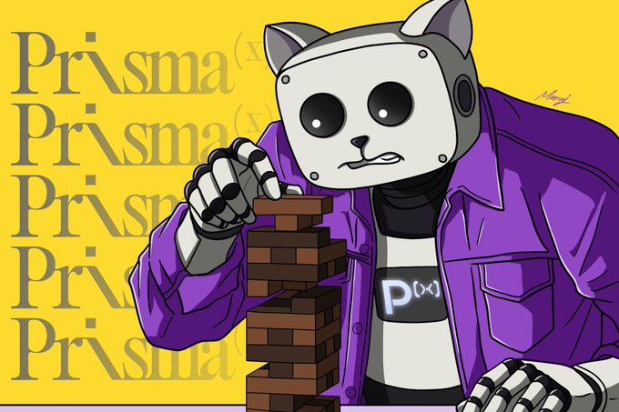 The image features a cartoon robot wearing a purple jacket with the word "PRISMA" written on its chest, standing upright and holding a block tower made up of wooden blocks. The robot appears to be playing Jenga-like games using these blocks as its game pieces. The background is yellow, which contrasts nicely with the white face of the robot. The image also includes text that reads "gPrismaX NEW ART ( NO AI USED ) Building the future of Physical AI requires absolute precision Just like a perfect move in Jenga, every piece of data collected by @PrismaXai layers the foundation for the next generation of robotics Training large robotics models".