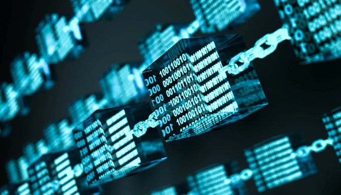 Digital artwork depicting a glowing blue chain made of interconnected blocks displaying binary code (0s and 1s), symbolizing blockchain technology and data encryption.