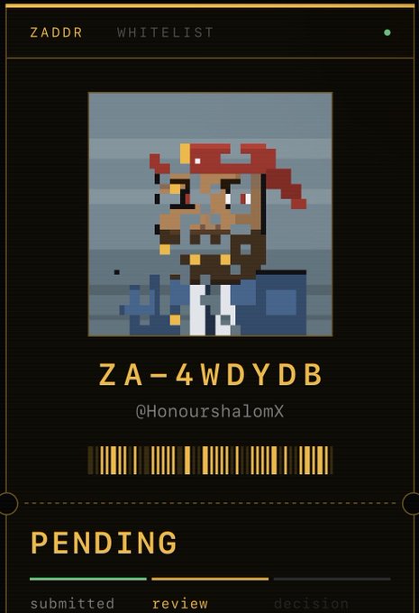 A digital whitelist card labeled 'ZADDR WHITELIST' showing a pixel art pirate character, code 'ZA-4WDYDB', username '@HonourshalomX', a barcode, and a 'PENDING' submission status.