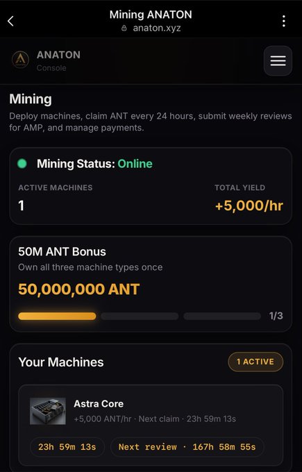 The ANATON mining dashboard shows an active mining status with 1 active machine generating +5,000 ANT/hr, featuring an "Astra Core" miner and a 50M ANT bonus progress bar at 1/3 completion, illustrating the platform's cloud mining interface referenced in the early guide.