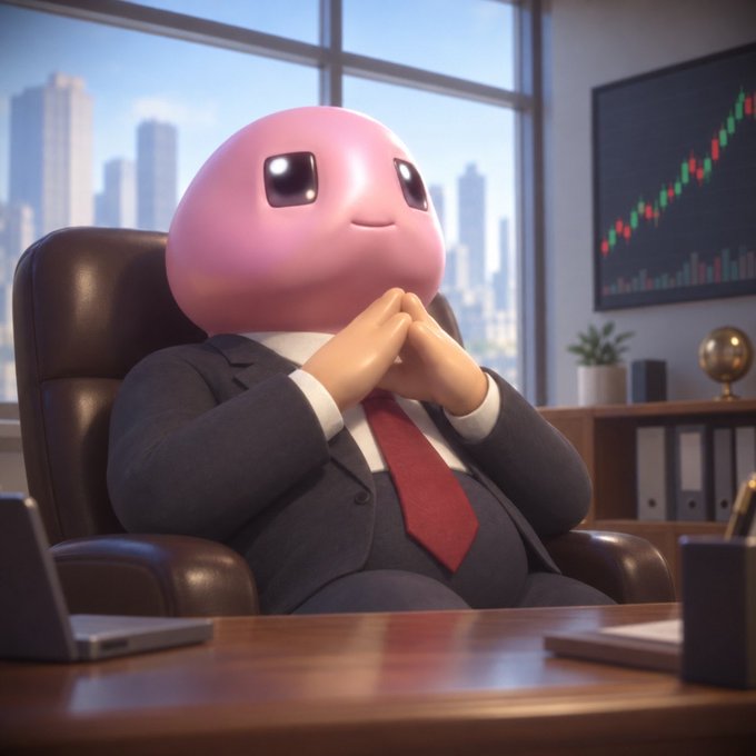 A 3D-rendered pink blob-like cartoon character in a business suit and red tie sitting confidently in a leather office chair with hands clasped, with a stock chart displaying green and red candles in the background.