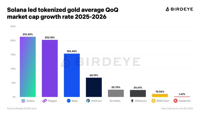 A bar chart from Birdeye shows Solana leading tokenized gold average quarter-over-quarter market cap growth from 2025-2026 at 213.20%, followed by Polygon (202.18%), Base (153.48%), Arbitrum (68.19%), Ethereum (24.61%), BNB Chain (10.56%), and Avalanche (1.41%), compared to the all-chain average of 25.70%, illustrating how Solana significantly outpaces other networks in this sector.