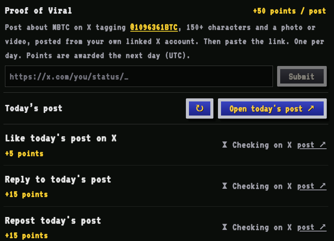 A screenshot of a 'Proof of Viral' task interface offering +50 points for posting about MBTC on X tagging @1096361BTC, with additional point options for liking (+5), replying (+15), and reposting (+15) today's post.