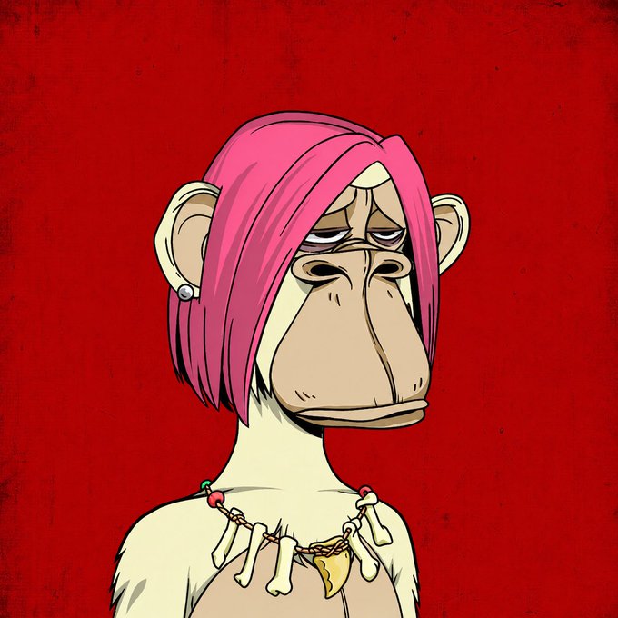 The image features a cartoon monkey with pink hair, wearing a necklace and a gold chain around its neck. The monkey appears to be looking off into the distance or staring at something out of frame. The caption "bored ape yacht club" suggests that this image might be related to an advertisement for a yacht club or a similar establishment.