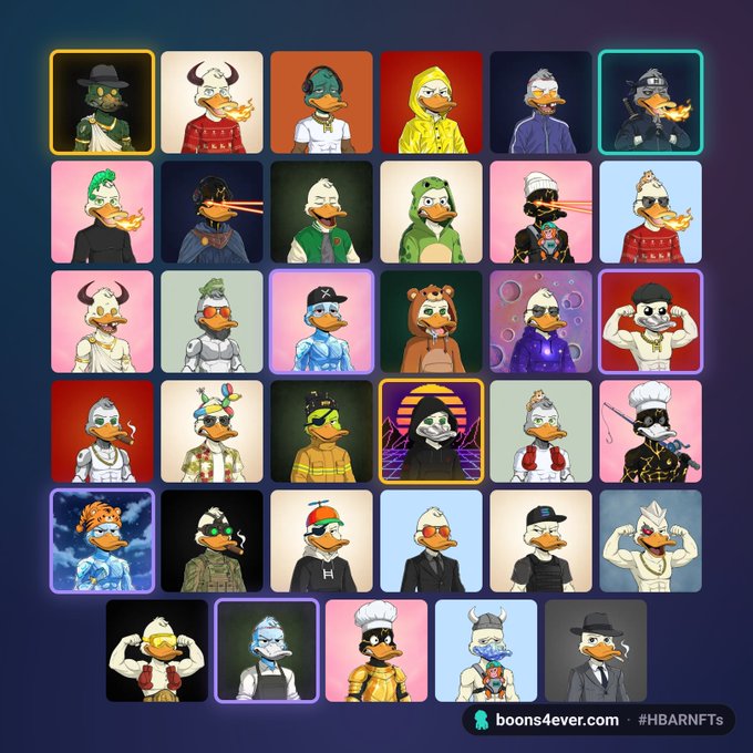 A grid of cartoon duck NFTs with various costumes and themes, displayed against a dark background with the watermark 'boons4ever.com #HBARNFTs' in the corner.