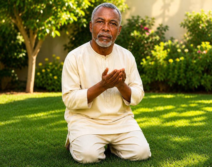 An older man with gray hair and a beard kneeling on grass in a garden, wearing a light-colored tunic with his hands clasped in prayer.