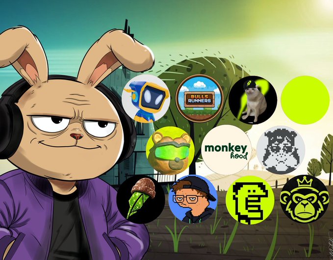 An illustration of a grumpy cartoon rabbit wearing headphones and a purple jacket, set against a post-apocalyptic background, with circular icons including 'Bull Runners', 'monkey hood', a pixelated monkey, and a corn character.