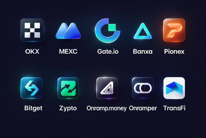 A grid displaying logos of ten cryptocurrency platforms including OKX, MEXC, Gate.io, Banxa, Pionex, Bitget, Zypто, Onramp.money, Onramper, and TransFi.