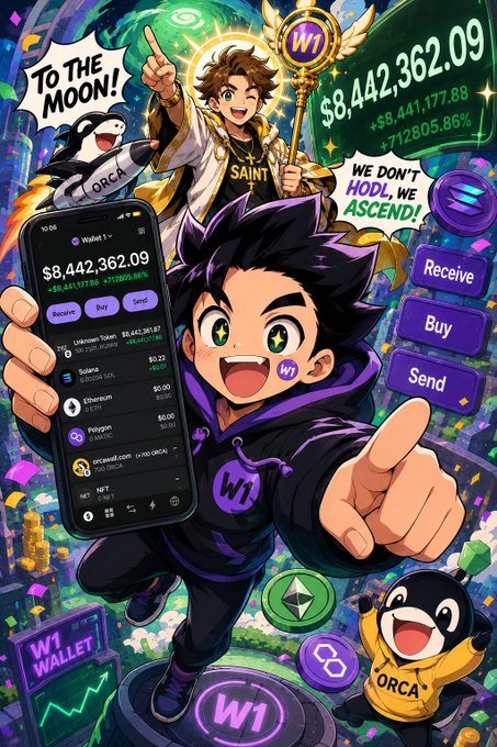 A vibrant anime-style promotional graphic for a crypto wallet showing a character holding a phone displaying a balance of $8,442,362.09 with text 'TO THE MOON!' and 'WE DON'T HOLD, WE ASCEND!'.