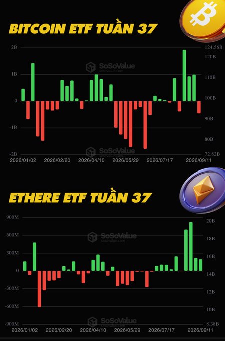 The image displays two bar charts from SoSoValue tracking weekly US ETF cash flows for Week 37 of 2026, with the top chart showing Bitcoin ETF flows (ranging from -2B to 2B USD) and the bottom chart showing Ethereum ETF flows (ranging from -900M to 900M USD), both plotted against timeline dates from January to September 2026.

The accompanying post's data aligns with the charts: Bitcoin ETF shows a net outflow of -$462.73M on $97.58B volume, while Ethereum ETF posted a positive inflow of +$197.11M on $16.31B volume, reflecting the recent mixed performance visible in the rightmost bars of each chart.