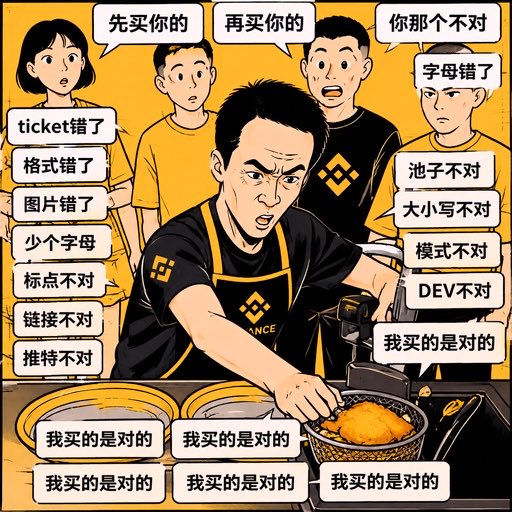 A meme-style comic in Chinese showing a Binance worker cooking while customers complain about ticket errors, with the worker repeatedly stating '我买的是对的' (what I bought is correct).
