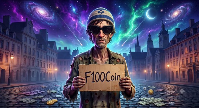 A stylized digital artwork of a weary man wearing sunglasses and a beanie, holding a cardboard sign reading 'F100Coin' in a surreal cosmic cityscape.