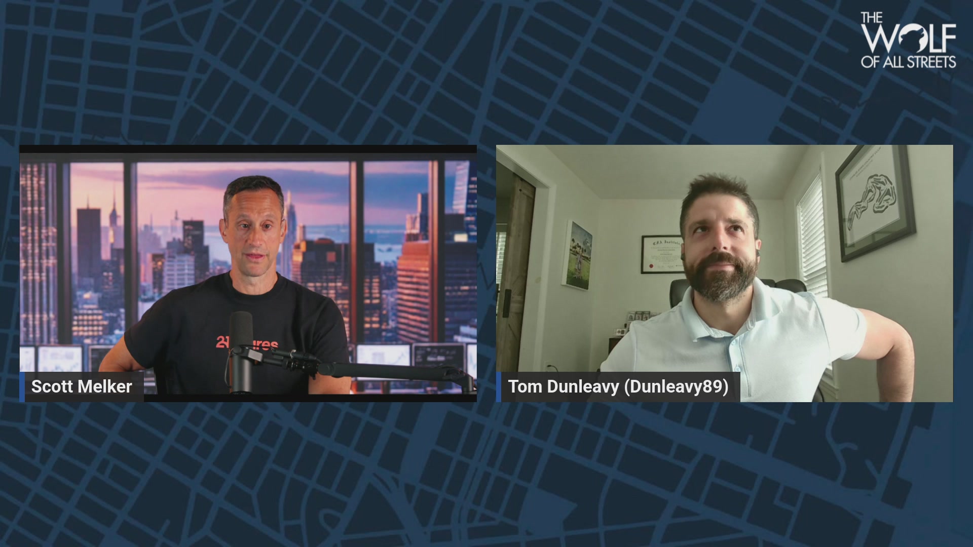 The image shows two men sitting down, appearing to be talking about a topic related to Bitcoin and Bitcoin investing. The man at the top of the screen has dark hair and is wearing a black t-shirt with a red logo that says "Bitcoin Just Absorbed A $1.29B BlackRock Dump". He seems confident in his stance on the subject matter. The other man, at the bottom right corner, also seems interested in the conversation and is likely taking notes or engaging actively in the discussion.