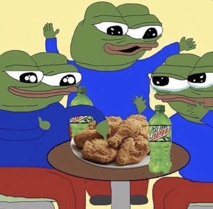 A Pepe the Frog meme showing three green frogs around a table with fried chicken and Mountain Dew bottles.