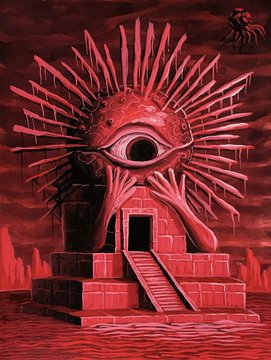 The image features a painting of an eye ghost with red eyes, surrounded by red and pink elements that give it a creepy appearance. The painting is displayed against a dark background, which further enhances its eerie atmosphere. The caption provided after the image reads "Eye Ghost Green Red Editions available on @objktcom #tezostuesday #tezos #objktcom". This suggests that the eye ghost artwork might be part of an online store or marketplace where such items are sold.