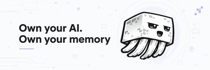 A promotional banner with the text 'Own your AI. Own your memory' next to a stylized illustration of a cube-shaped character with tentacles.