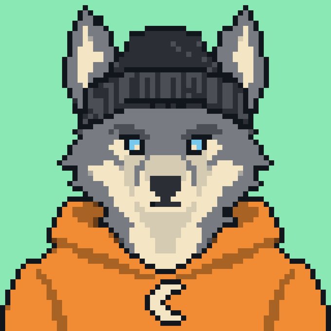 A pixel art portrait of a grey husky wearing a black beanie and an orange hoodie against a teal background.