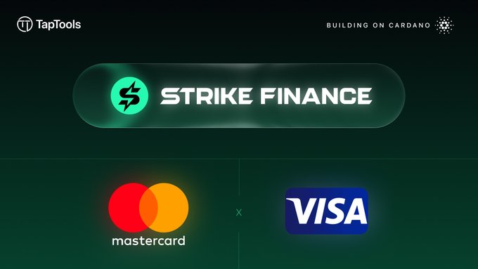 The image features a green background with white text that reads "Building on cardano". Below this, there are three logos - one for Mastercard, another for VISA, and a third logo for Tap Tools. The text also mentions that users can now fund perpetuals trading positions directly with familiar payment methods instead of moving funds across multiple platforms first. This is an exciting development in the world of DeFi, as it provides more accessible and user-friendly ways to invest in decentralized finance projects like Mastercard and VISA deposits.