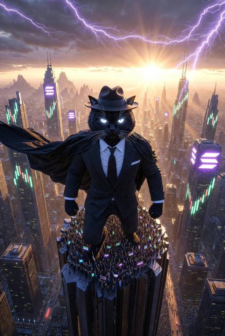 A digital illustration of a black cat in a pinstripe suit and fedora with glowing eyes, standing on a skyscraper overlooking a futuristic neon city at sunset with lightning in the sky.