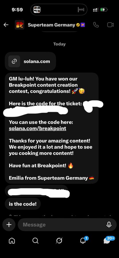 A screenshot of a DM from Superteam Germany congratulating the user on winning their Breakpoint content creation contest, with a free ticket code (redacted) and a link to solana.com/breakpoint. The image supports the post's excited announcement about receiving a ticket to Breakpoint London as recognition for their Web3 content work.