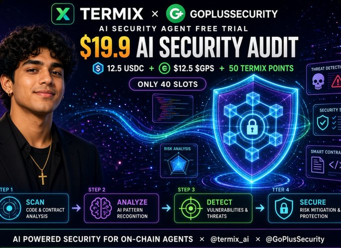 A promotional advertisement for 'TERMIX × GOPLUSSECURITY' offering a '$19.9 AI SECURITY AUDIT' trial, featuring a smiling young man on the left and a glowing blue shield with a lock icon on the right.