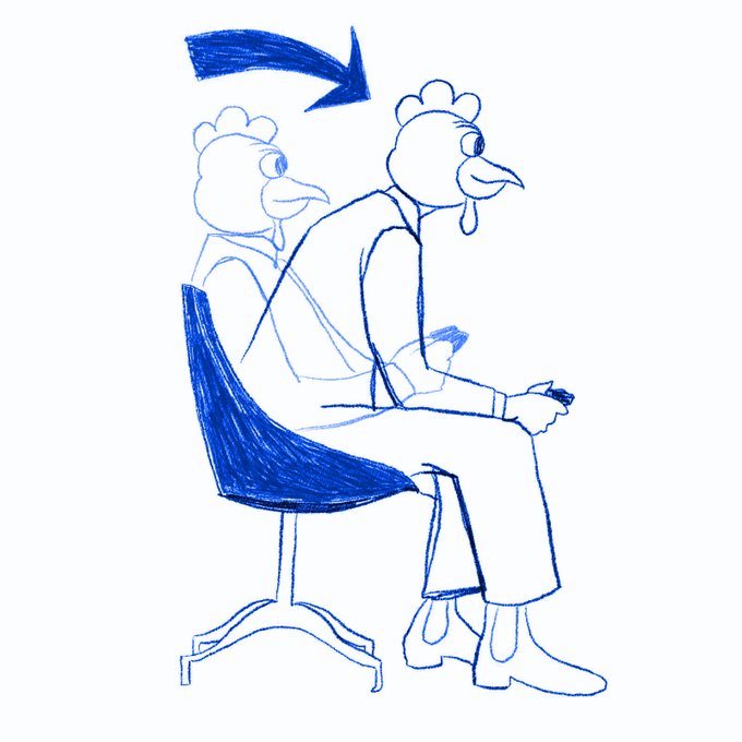 A blue sketch of two cartoon chickens in profile, with a large arrow pointing from a standing chicken to a seated chicken wearing a hoodie and holding a phone.