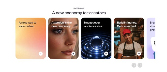 A carousel titled "Our Philosophy: A new economy for creators" with cards reading "A new way to earn online," "Attention is the new currency," "Impact over audience size," and "Build influence. Get rewarded." The cards reinforce the post's theme of how creator monetization keeps shifting, with "Attention is the new currency" directly mirroring the author's point about cycles of referrals, XP, and now impressions driving creator value.