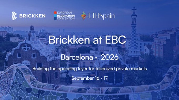 A promotional graphic featuring the Brickken, European Blockchain Convention, and ETHSpain logos at the top, with text reading "Brickken at EBC, Barcelona · 2026, Building the operating layer for tokenized private markets, September 16-17" set against a stylized blue-tinted image of Barcelona's Park Güell. The image ties to the post by announcing Brickken's presence at the European Blockchain Convention in Barcelona.