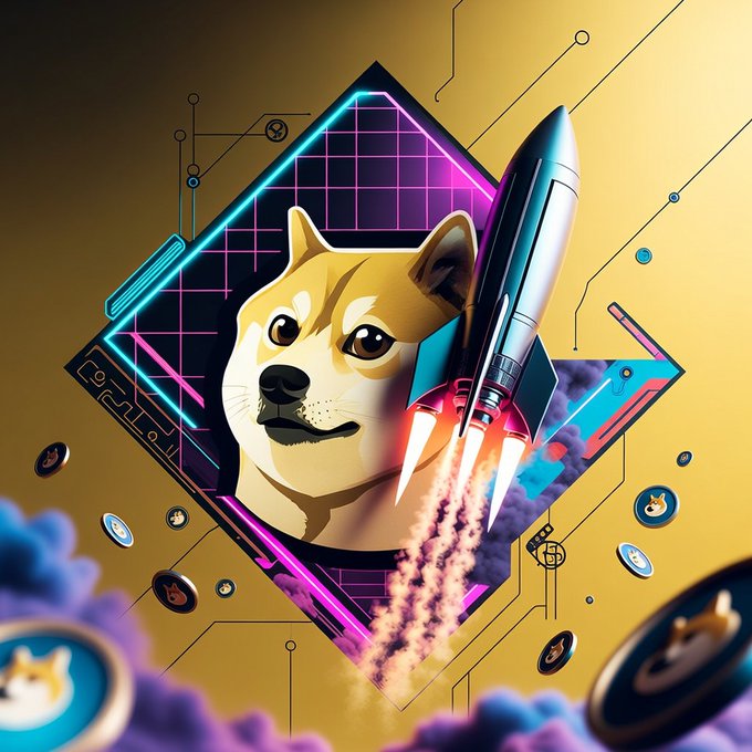 A vibrant digital illustration features a Shiba Inu dog alongside a rocket launching, framed within neon-lit geometric shapes, with scattered Dogecoin-style coins floating around.