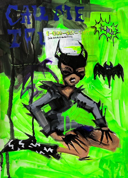 A vibrant green and black painted poster reading "CALL ME EVIL" with a phone number "1-800-961-57", featuring a masked figure with cat ears and bats.