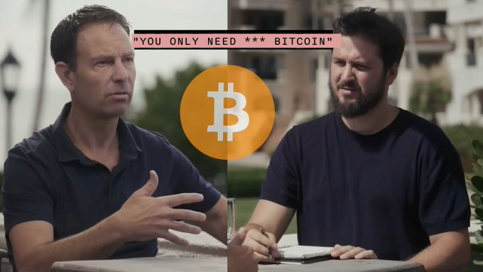 Two men sit at an outdoor table engaged in conversation, with a Bitcoin logo and the text "YOU ONLY NEED *** BITCOIN" overlaid at the top of the image. The setup appears to be a podcast or interview discussing Bitcoin's role in retirement planning, likely featuring Jeff Booth explaining how much Bitcoin is needed to retire amid deflationary economic forces.