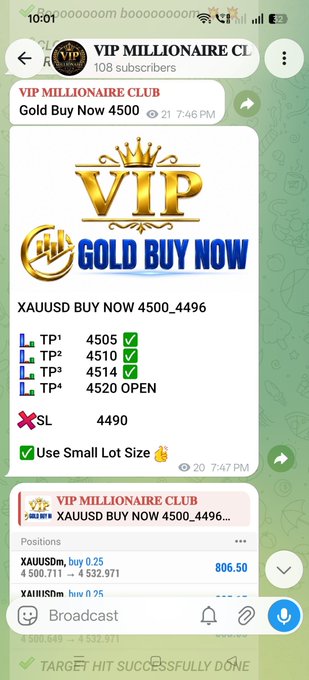 Telegram channel screenshot for 'VIP Millionaire Club' showing a 'Gold Buy Now 4500' trading signal for XAUUSD with take profit levels (TP1 4505, TP2 4510, TP3 4514, TP4 4520) and stop loss at 4490.