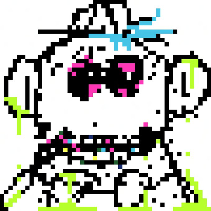 A pixel art illustration of a white cat with sunglasses and headphones, surrounded by colorful paint splatters in cyan, pink, and green.