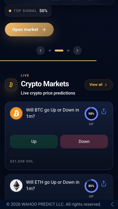 A mobile app screenshot for crypto predictions showing "Crypto Markets" with options for "Will BTC go Up or Down in 1m?" at 98% and "Will ETH go Up or Down in 1m?" at 85%, copyrighted "© 2026 WAHOO PREDICT LLC."