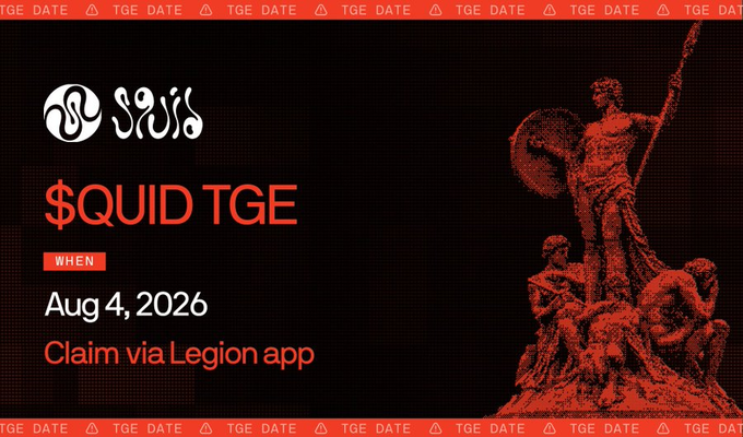 A promotional graphic for '$QUID TGE' scheduled for Aug 4, 2026, featuring red text on a black background with a classical warrior statue holding a spear and shield, and instructions to claim via the Legion app.