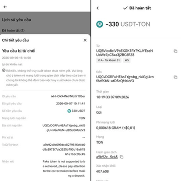 A mobile transaction confirmation screen in Vietnamese showing a -330 USDT-TON transfer details, including wallet address and transaction time.