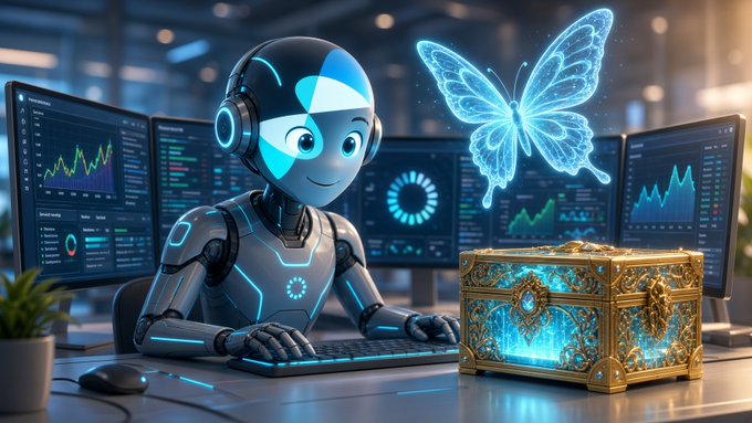 A blue-glowing humanoid robot wearing headphones sits at a desk with multiple monitors displaying data charts, with a glowing holographic butterfly and an ornate golden chest nearby.