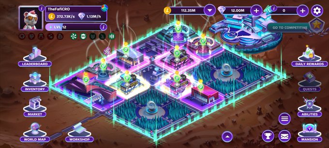 A screenshot of a mobile strategy/tycoon game interface showing a neon-lit cyberpunk base with user 'TheFallCRO' (LVL 12, 372.73K/s, 1.13M/h, 112.35M) and various menu options like Leaderboard, Inventory, Market, and Workshop.