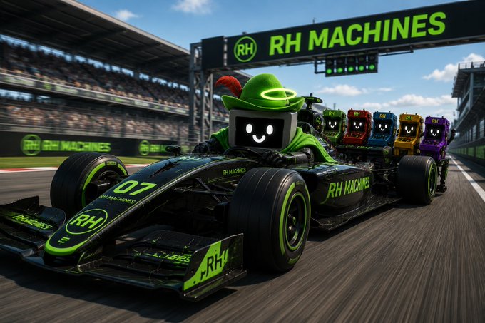 A black and neon green Formula 1-style race car labeled "RH MACHINES" with the number "07" leads a pack of multicolored competitors down a stadium track, driven by a smiling robot mascot wearing a green cap with a red feather. The scene ties to the post's racing metaphor about "RH Machines" launching on the "Robinhood Chain," with each car representing different tokenized assets ready to race toward "THE PODIUM."