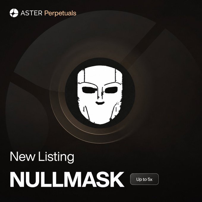 A promotional graphic from ASTER Perpetuals announcing the new listing of $NULLMASK with up to 5x leverage, featuring a stylized white mask logo at the center of a dark background.