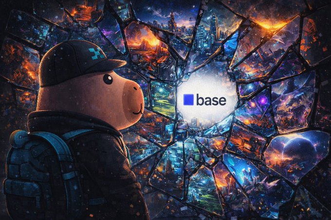 A vibrant digital artwork of a cartoon capybara wearing a blue cap and backpack, looking through a shattered glass portal that reveals multiple worlds, with the 'base' logo centered in the middle.