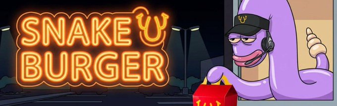 A neon sign reading 'SNAKE BURGER' glows orange against a dark background, alongside a purple cartoon snake wearing a McDonald's-style visor and headphones, holding a Happy Meal box.